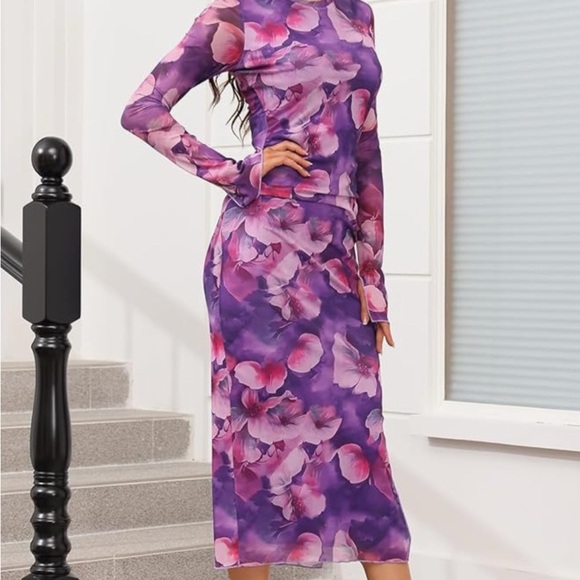 Floral Long Sleeve Purple Dress - Picture 3 of 7